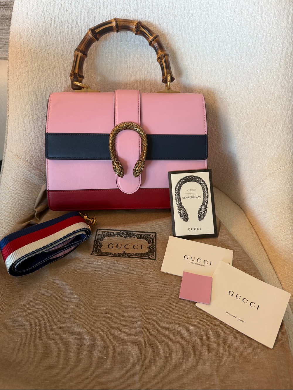 NWT FULL INCLUSION Gucci Pink Navy Red Bamboo-Handle Satchel
